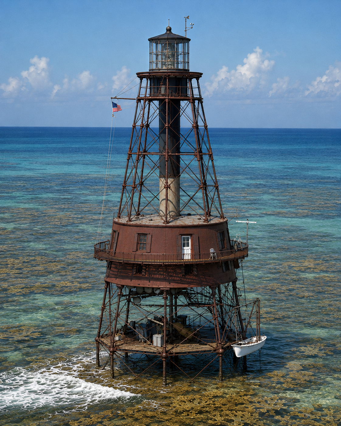 Aerial photograph of Carysfort Reef Lighthouse standing over the Florida Keys reef